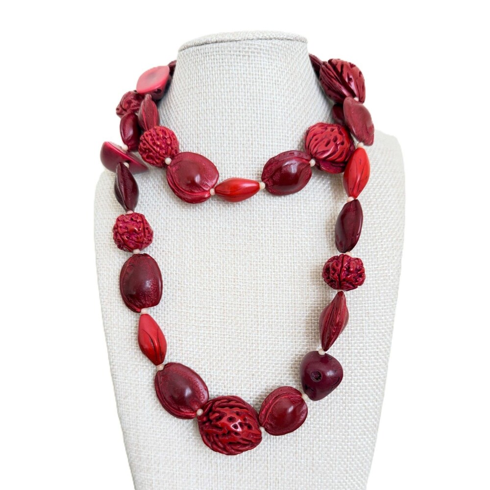 Vintage Natural Red Seed Bead Strand Necklace Carved Tagua Nut Acai Berry Eco D